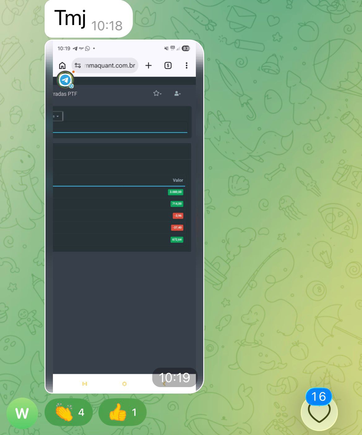 Conversa de WhatsApp comentando resultado real na Plataforma Gamma Quant